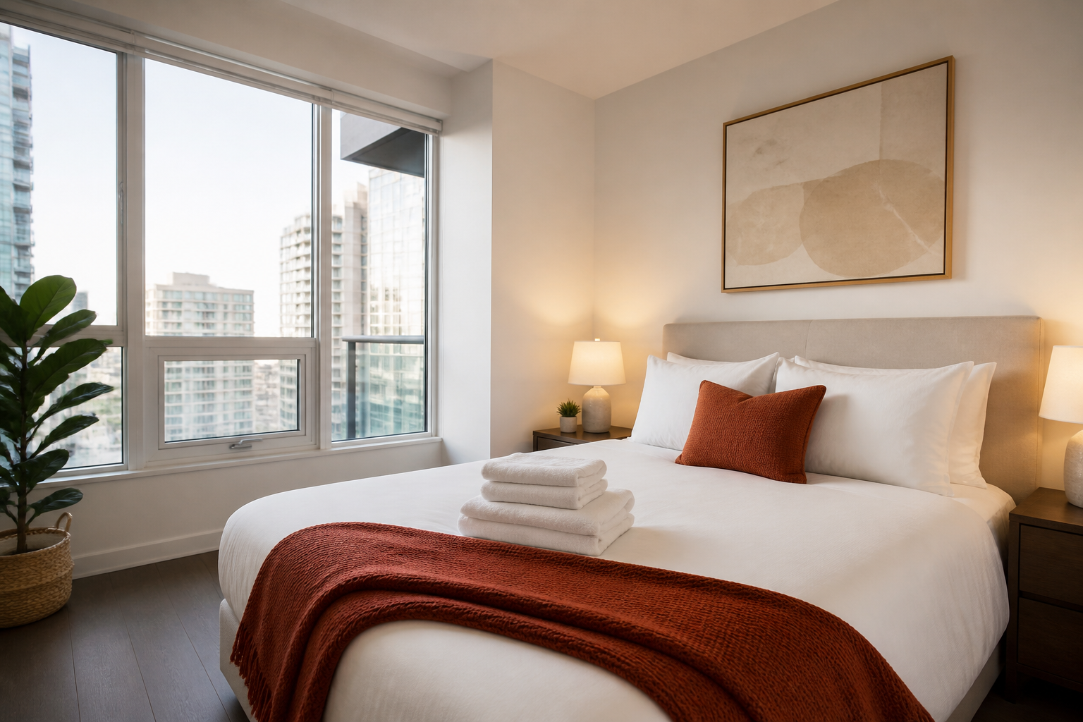 A guest-ready Toronto condo bedroom with fresh towels and burnt-orange accents