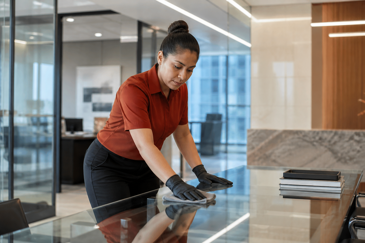 Professional cleaner in a burnt-orange uniform cleaning a glass meeting table