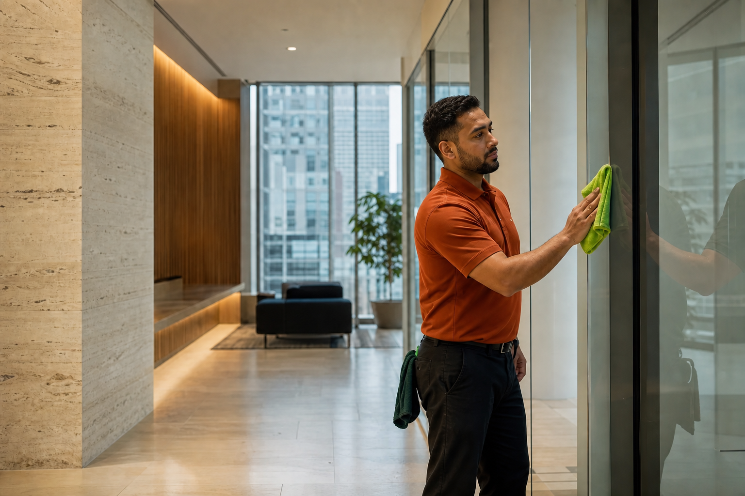 Professional cleaner carefully cleaning a bright glass office
