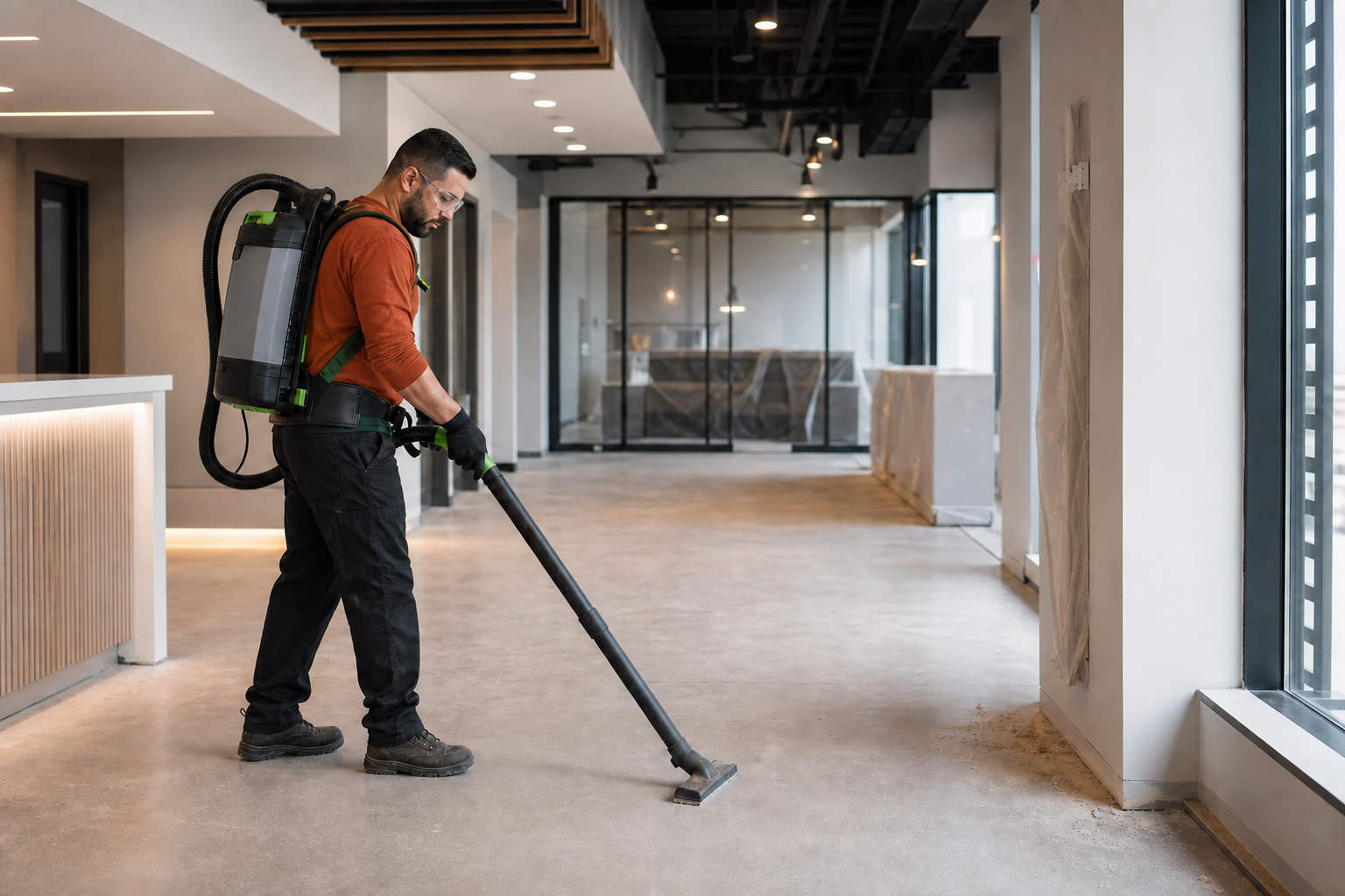Professional cleaner in a burnt-orange shirt vacuuming a newly renovated open space